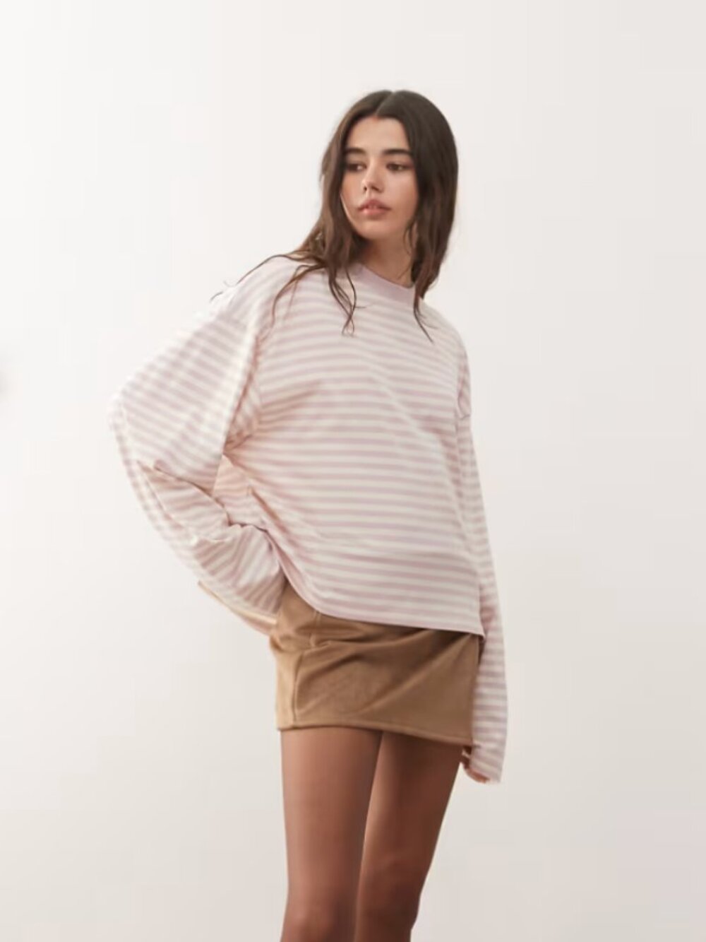 Lioness Bloom cotton blend long sleeve crew neck boxy T-shirt in blush stripe